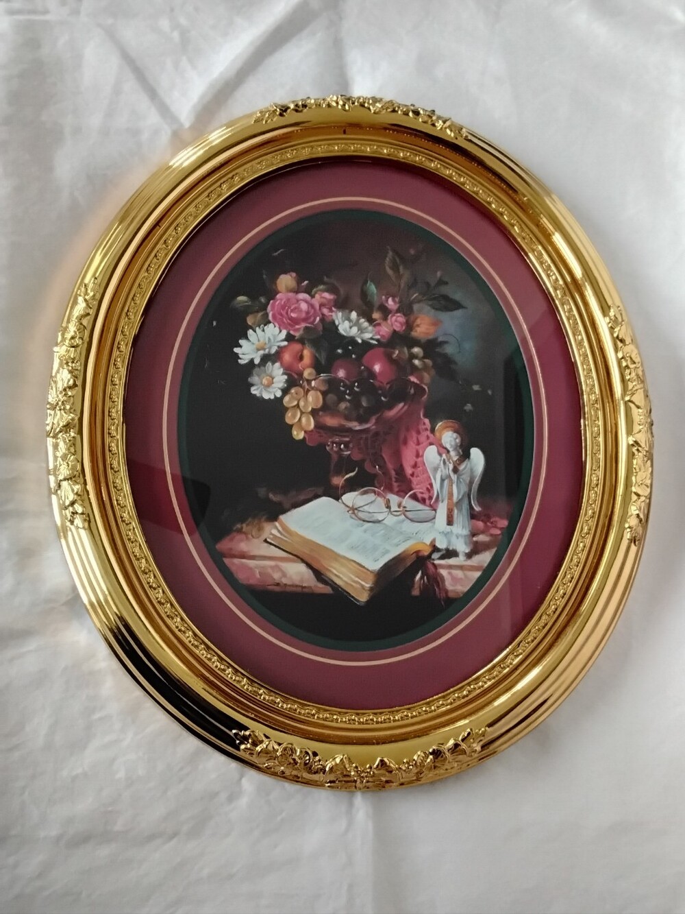 Vtg Homco Gold Oval Framed Floral" Still Life "Wall Art with Burgundy Mat